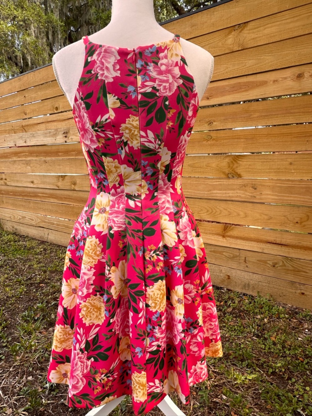 Vince Camuto Hot Pink Floral Fit-and-Flare Mini Dress with pockets.